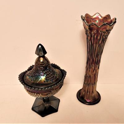Lot #67  Two nice pieces of Antique Carnival Glass - compote and vase