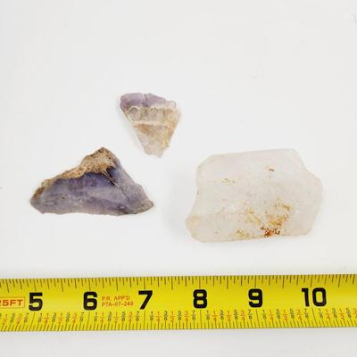 LARGE QUARTZ CRYSTAL AND 2 SLICED AMETHYST