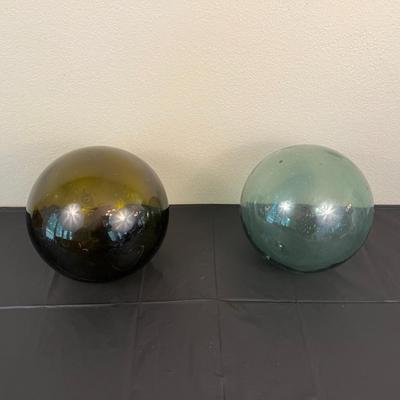 Lot of 2 Vintage Hand Blown Glass Fishing Buoy Balls Green and Blue