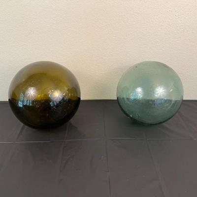 Lot of 2 Vintage Hand Blown Glass Fishing Buoy Balls Green and Blue
