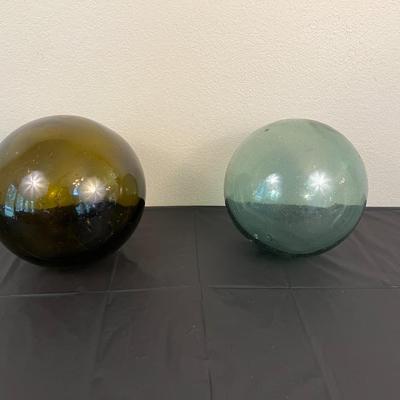 Lot of 2 Vintage Hand Blown Glass Fishing Buoy Balls Green and Blue