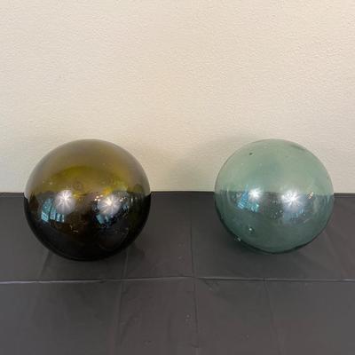 Lot of 2 Vintage Hand Blown Glass Fishing Buoy Balls Green and Blue