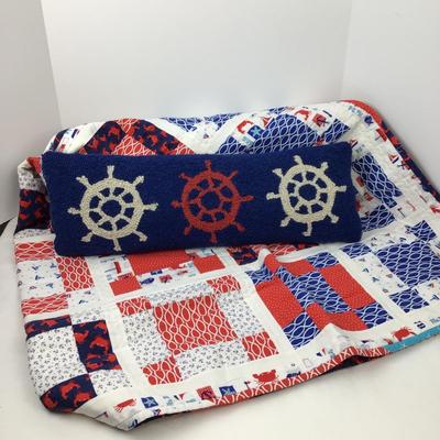 1523 Hand made Nautical Quilt/ Throw with Hooked Pillow