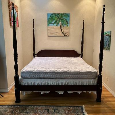Beautiful Carved Wood King Size Poster Banister Bed and Clean Mattress Set
