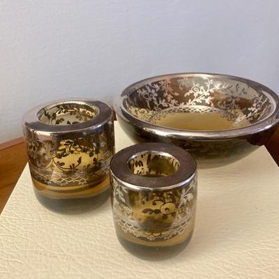 Three Piece Siver Overlaid Amber Glass Suite