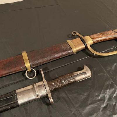 WW1 Russian Cossack Sword and WW2 Sawback Bayonet in Sheaths