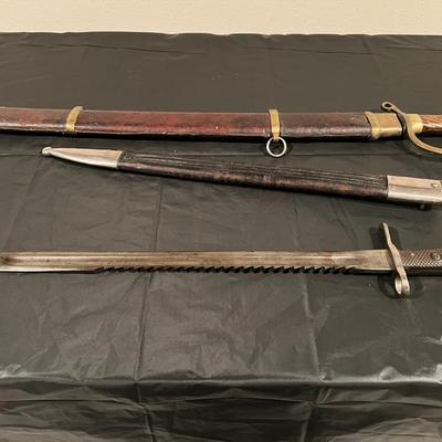 WW1 Russian Cossack Sword and WW2 Sawback Bayonet in Sheaths