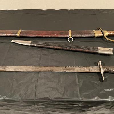 WW1 Russian Cossack Sword and WW2 Sawback Bayonet in Sheaths