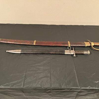 WW1 Russian Cossack Sword and WW2 Sawback Bayonet in Sheaths