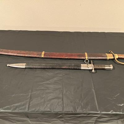 WW1 Russian Cossack Sword and WW2 Sawback Bayonet in Sheaths