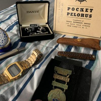 Collectibles Lot England Crummles Trinket Box 1800s Masons Medal Texaco Pocket Knives LED Watch