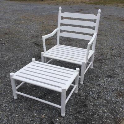 1490 Large White Painted Wooden Chair and Ottoman