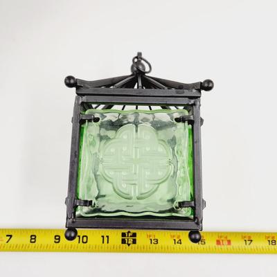 ORIENTAL THEMED WROUGHT IRON & GLASS HANGING CANDLE HOLDER
