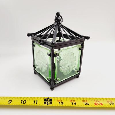 ORIENTAL THEMED WROUGHT IRON & GLASS HANGING CANDLE HOLDER