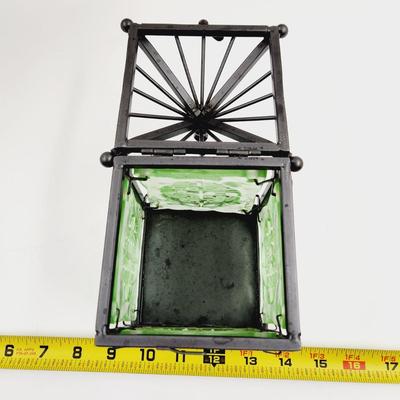 ORIENTAL THEMED WROUGHT IRON & GLASS HANGING CANDLE HOLDER
