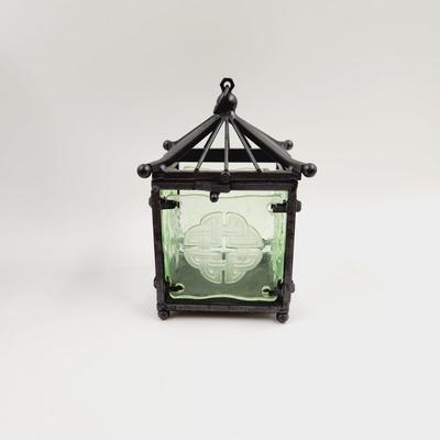 ORIENTAL THEMED WROUGHT IRON & GLASS HANGING CANDLE HOLDER