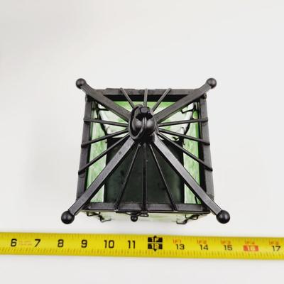 ORIENTAL THEMED WROUGHT IRON & GLASS HANGING CANDLE HOLDER