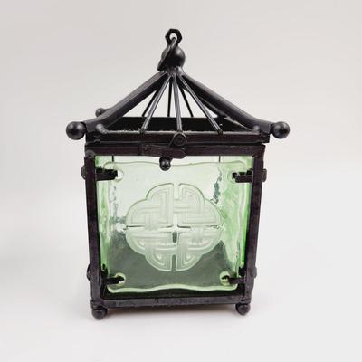 ORIENTAL THEMED WROUGHT IRON & GLASS HANGING CANDLE HOLDER