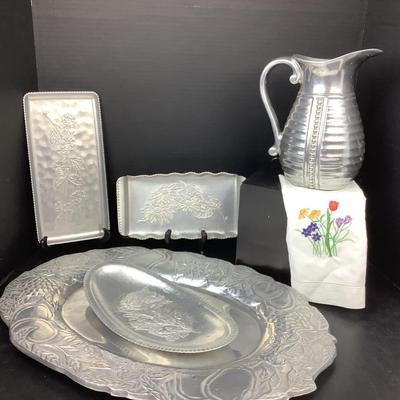 1549 Vintage Metal Pitcher & Serving Tray Lot