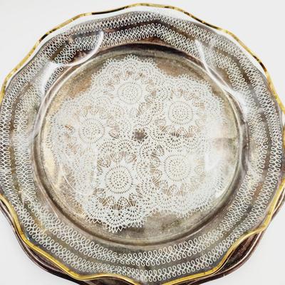 VINTAGE CLEAR GLASS LACE PATTERN GOLD TRIM SERVING PLATTER