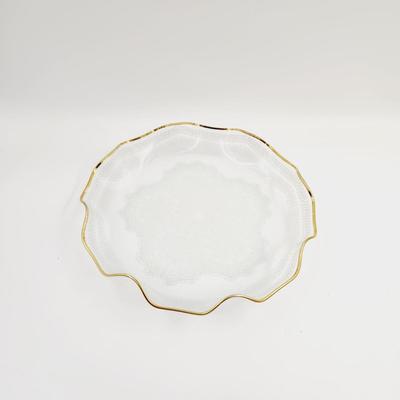 VINTAGE CLEAR GLASS LACE PATTERN GOLD TRIM SERVING PLATTER