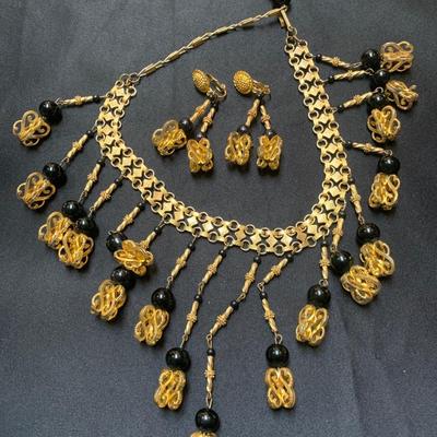 14â€ Adj. Gold/Black Necklace/Earring Set
