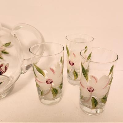 Lot #85  Hand Painted Pitcher with 3 glasses - Magnolia Motif