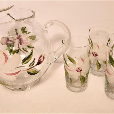 Lot #85  Hand Painted Pitcher with 3 glasses - Magnolia Motif