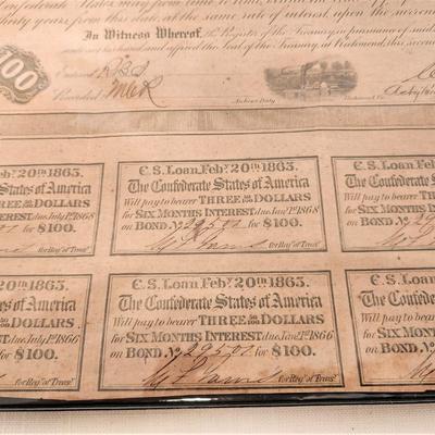 Lot #88  Unframed Original Confederate Bond - $100, issued by Confederate Government 1863