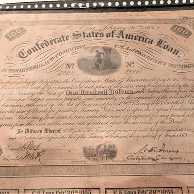 Lot #88  Unframed Original Confederate Bond - $100, issued by Confederate Government 1863