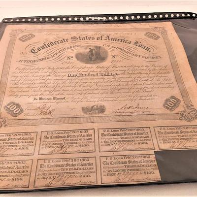 Lot #88  Unframed Original Confederate Bond - $100, issued by Confederate Government 1863