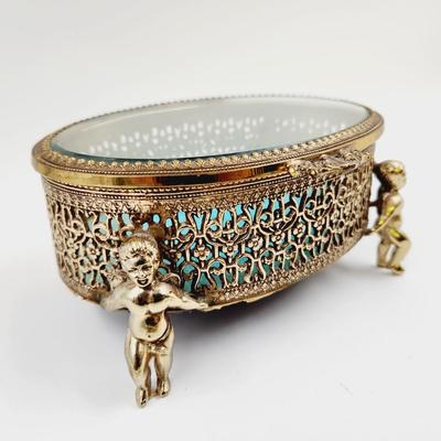 VINTAGE FILIGREE OVAL GLASS TOP BRASS ORNATE TRINKET - JEWELRY BOX