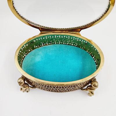 VINTAGE FILIGREE OVAL GLASS TOP BRASS ORNATE TRINKET - JEWELRY BOX
