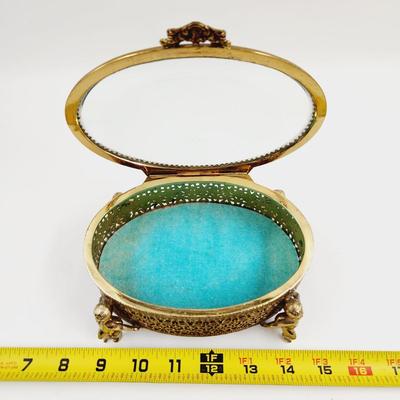 VINTAGE FILIGREE OVAL GLASS TOP BRASS ORNATE TRINKET - JEWELRY BOX