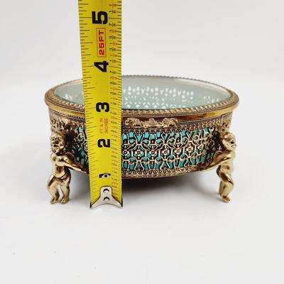 VINTAGE FILIGREE OVAL GLASS TOP BRASS ORNATE TRINKET - JEWELRY BOX