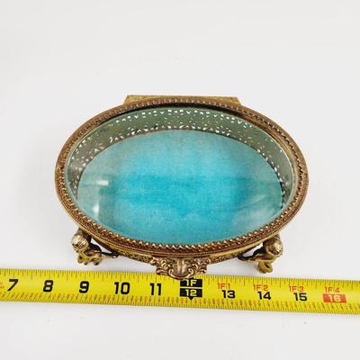 VINTAGE FILIGREE OVAL GLASS TOP BRASS ORNATE TRINKET - JEWELRY BOX