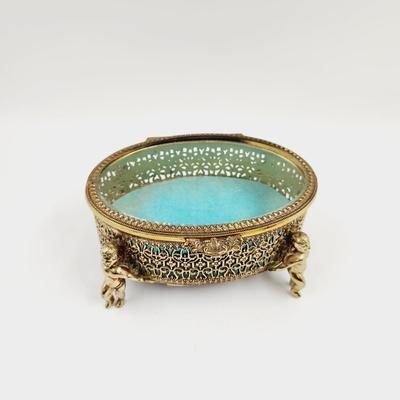 VINTAGE FILIGREE OVAL GLASS TOP BRASS ORNATE TRINKET - JEWELRY BOX