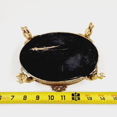 VINTAGE FILIGREE OVAL GLASS TOP BRASS ORNATE TRINKET - JEWELRY BOX