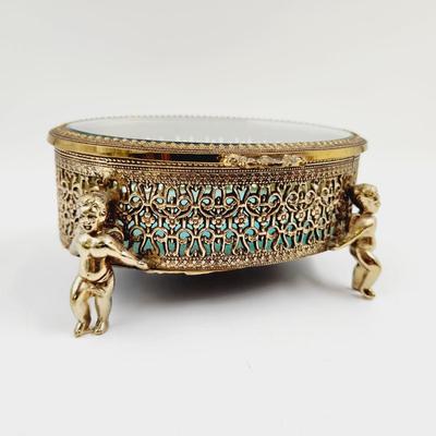 VINTAGE FILIGREE OVAL GLASS TOP BRASS ORNATE TRINKET - JEWELRY BOX