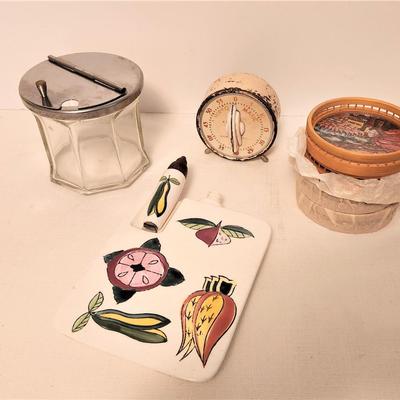Lot #92 Cute Vintage Kitchen Lot - Sugar Bowl, Metal Kitchen Timer, more