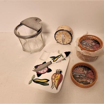 Lot #92 Cute Vintage Kitchen Lot - Sugar Bowl, Metal Kitchen Timer, more