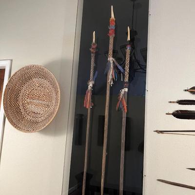 Lot of 3 Tribal Spears with Feathers and Carved Bone Tip in Quality Plexiglass Display Case