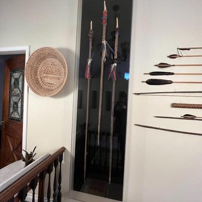 Lot of 3 Tribal Spears with Feathers and Carved Bone Tip in Quality Plexiglass Display Case