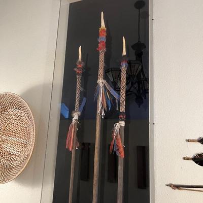 Lot of 3 Tribal Spears with Feathers and Carved Bone Tip in Quality Plexiglass Display Case