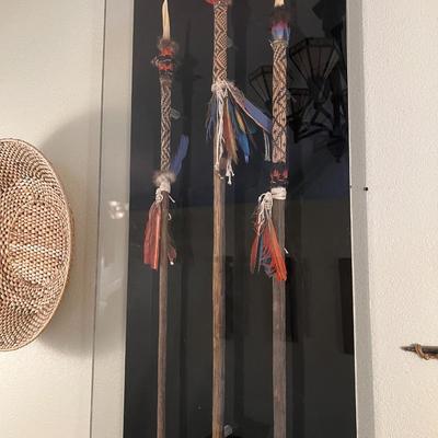 Lot of 3 Tribal Spears with Feathers and Carved Bone Tip in Quality Plexiglass Display Case