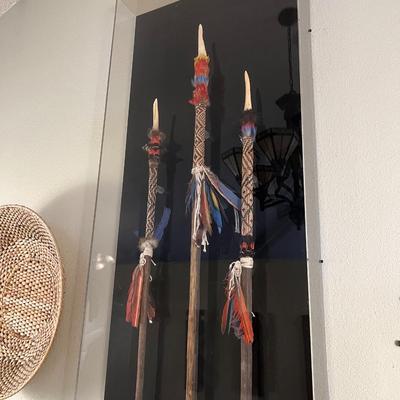 Lot of 3 Tribal Spears with Feathers and Carved Bone Tip in Quality Plexiglass Display Case