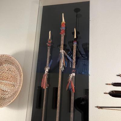 Lot of 3 Tribal Spears with Feathers and Carved Bone Tip in Quality Plexiglass Display Case