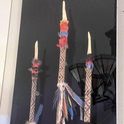 Lot of 3 Tribal Spears with Feathers and Carved Bone Tip in Quality Plexiglass Display Case