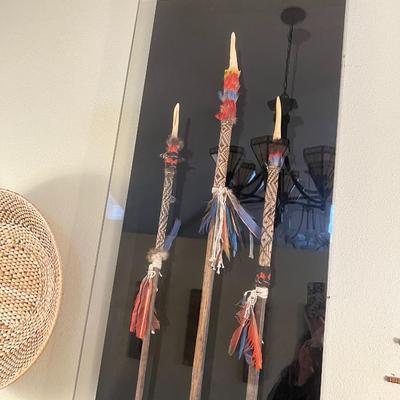 Lot of 3 Tribal Spears with Feathers and Carved Bone Tip in Quality Plexiglass Display Case