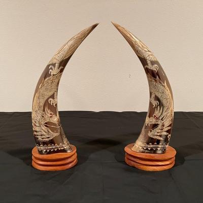 Pair of Carved Water Buffalo Horns with Dragon Design